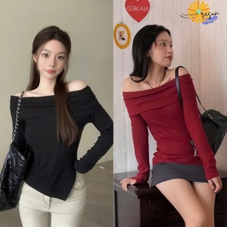 Áo thun tay dài nữ trễ vai dài tay vạt nhọn cuốn biên, Áo dài tay trễ vai dáng ôm body RASUN