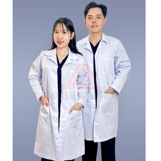 Áo Blouse Trắng Tay Dài Nam Nữ- Vải kaki VN, cổ bẻ danton, chuẩn form bác sĩ-hình thật