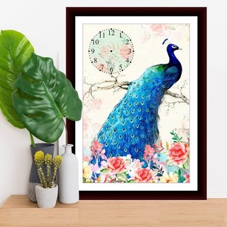 Tranh đính đá đồng hồ chim công KT:75x50cm. Tranh gắn đá chưa đính.