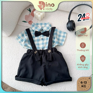  Set yếm công tử kèm áo sơ mi caro kèm nơ bé trai 6-13kg. Bộ vest bé trai thôi nôi. Dino Kids 