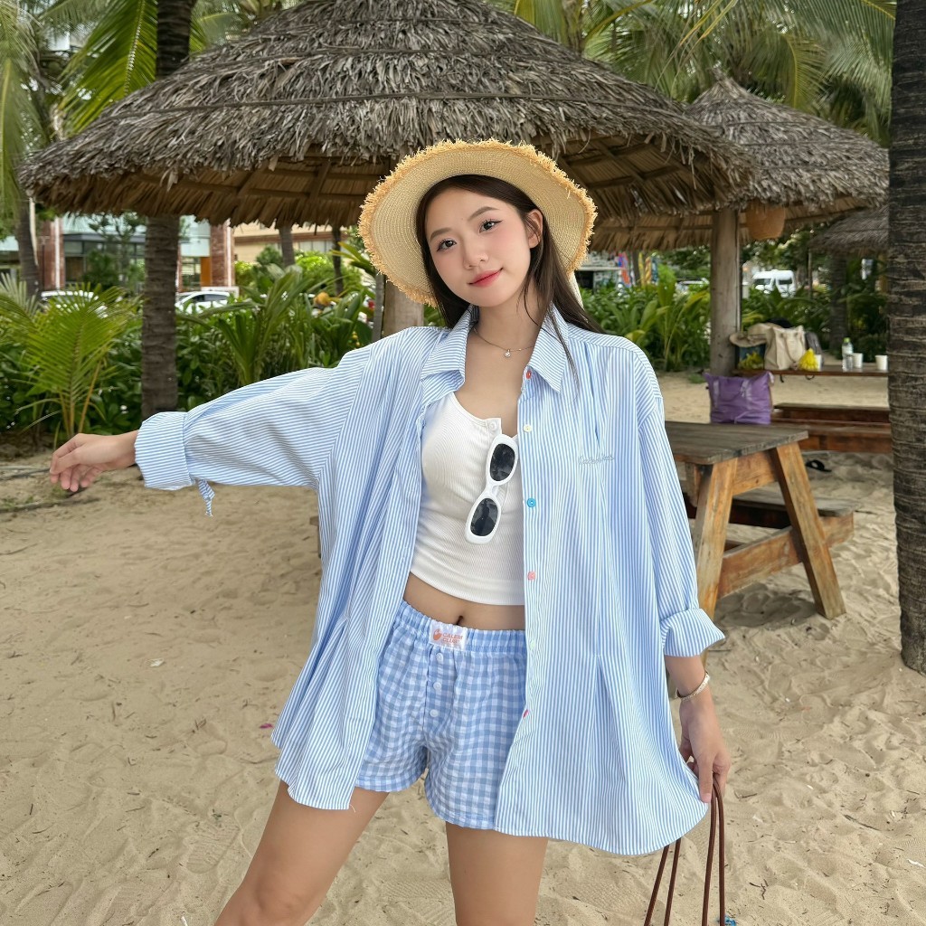 Calem club - Áo sơ mi Khoác Ngoài tay dài phối dây cột nơ COLORFUL BUTTON thêu Calem