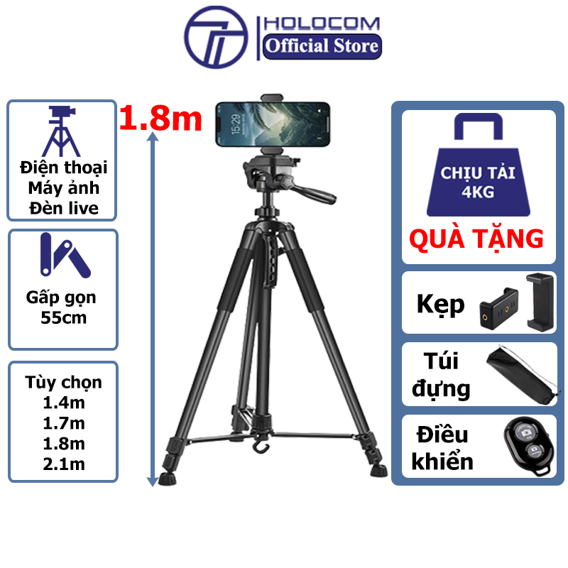 Tripod Điện Thoại Kiêm Chân Quay Máy Ảnh 360 Độ, Giá Đỡ 3 Chân Chụp Ảnh Quay Video Cao 170cm - HOLOCOM