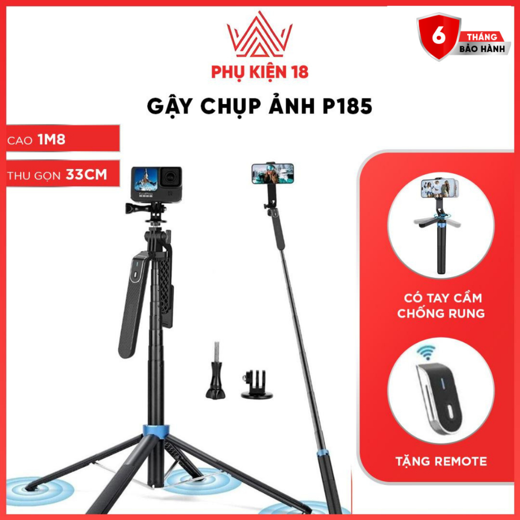 Gậy chụp ảnh 4 chân P185 - Tripod điện thoại livestream, quay phim, chụp ảnh kéo dài 180cm, có remot