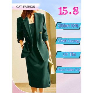 Set bộ cati đầm 2 dây mix áo khoác vest 2 màu xanh - đen A2188