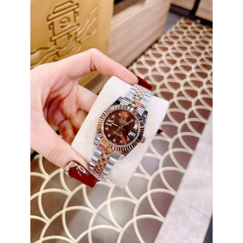 Đồng hồ nữ Rolexx Cao Cấp Size 31mm màu Cafe Viền trơn  Máy Quart (pin) Nhật