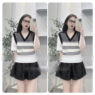 Áo len mtg kẻ viền đen tay trắng cổ v nữ