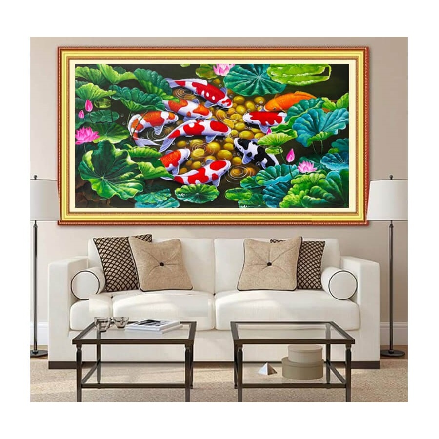 Tranh đính đá cá cửu ngư quần hội Kt:120x60cm,tranh gắn đá chưa gắn.