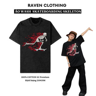 Áo Thun Wash Skateboarding skeleton RAVEN Premium 100% Cotton 250GSM