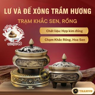 Bộ đôn đỉnh đồng đốt nhang và lư đồng thay cho lư điện TramVN99 Đỉnh đồng nguyên khối hoa sen rồng phượng