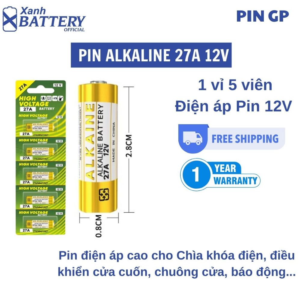 1 Vỉ 5 viên   ALKALINE 27A /12V   cho Chìa khóa điện, điều khiển cửa cuốn,chuông cửa,báo động