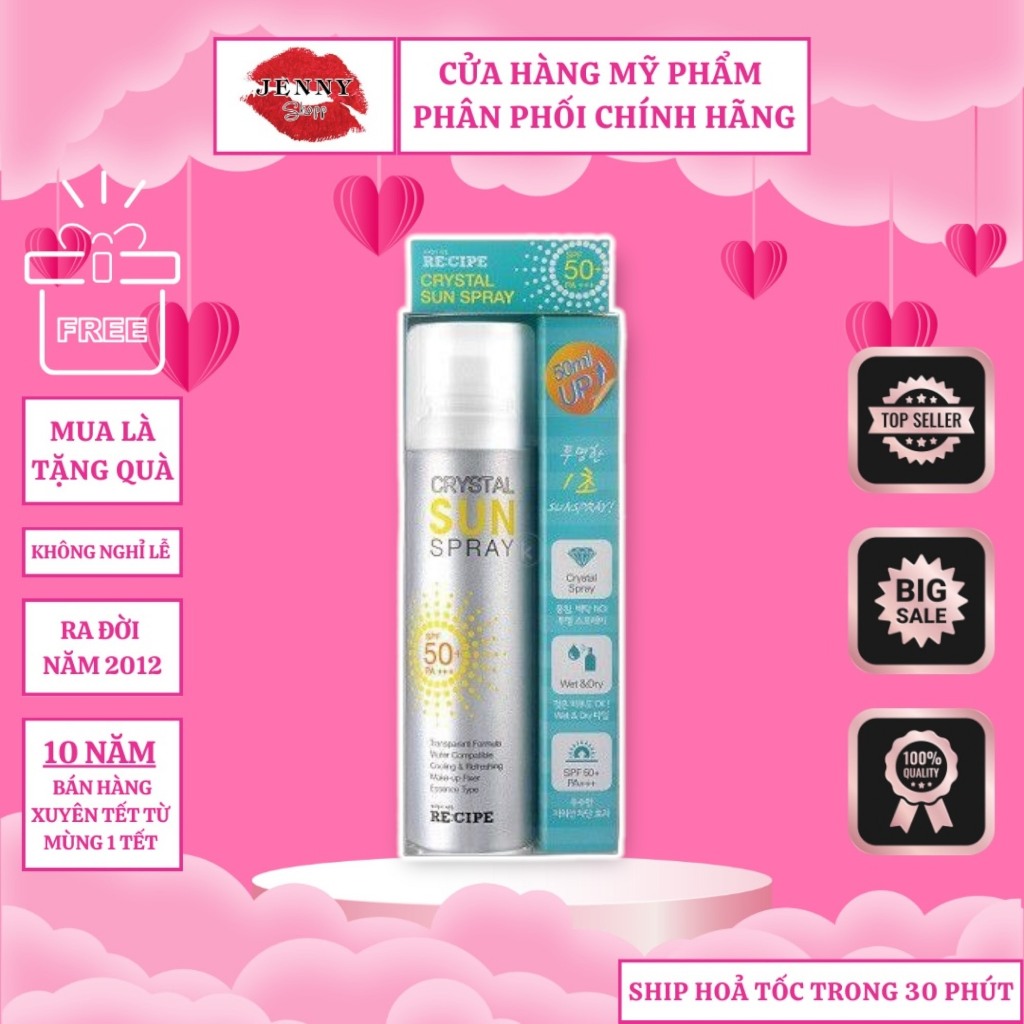 Xịt Chống Nắng Recipe Crystal Sun Spray SPF50 PA+++ đi biển chống nước, xịt chống nắng toàn thân