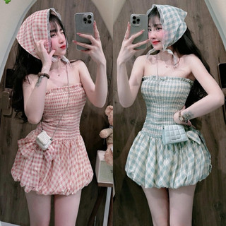 Đầm Ống Nhún Caro Dáng Ngắn Bí Phồng Xoè 2 Lớp Đính Nơ  + Khăn Phối Rem Chất Kate Caro To Dày