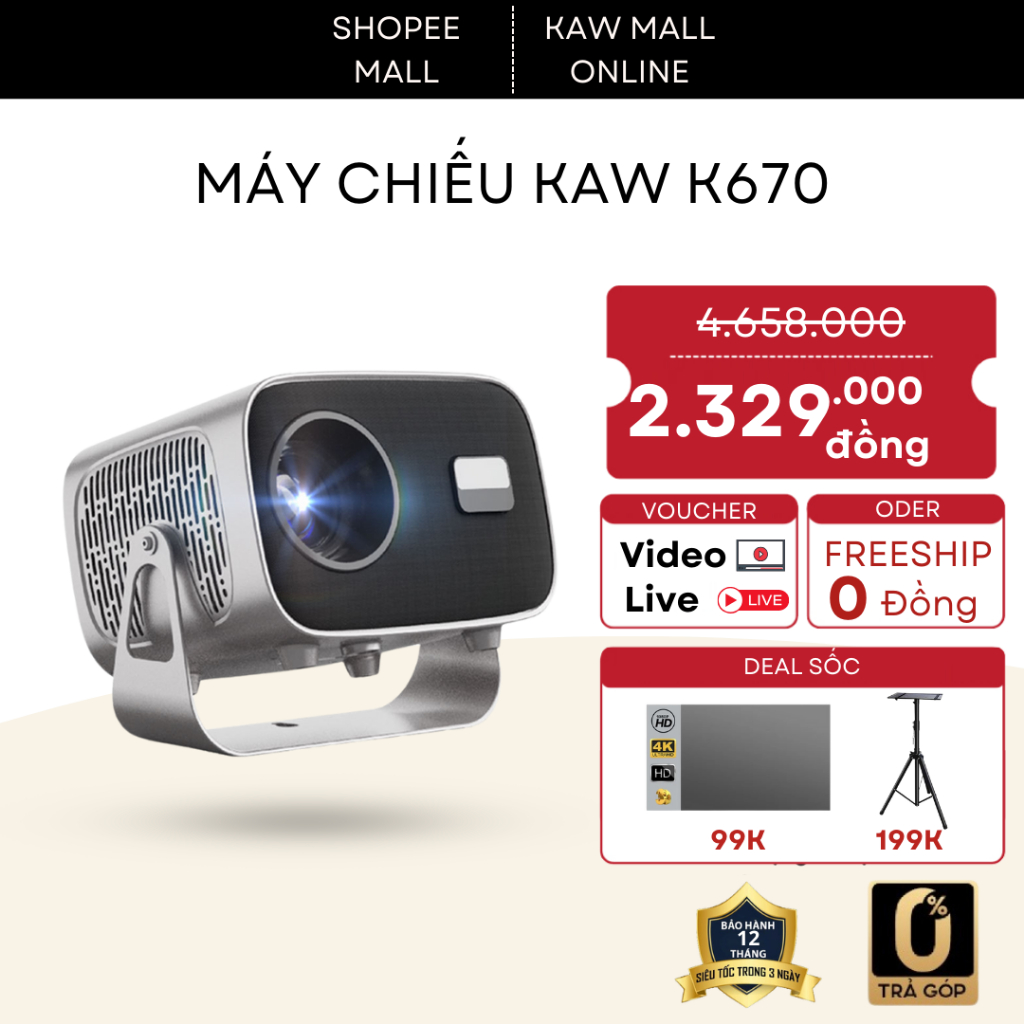 Máy chiếu mini KAW-K670 Plus - Độ Sáng 200 ANSI, Phân Giải 1080P, Kích Thước 160inch