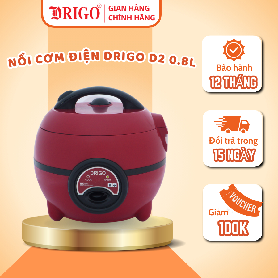 Nồi cơm điện 0.8L Drigo D2 chính hãng, nồi cơm điện mini 1 người phù hợp cho học sinh, sinh viên - Bảo hành 12 tháng