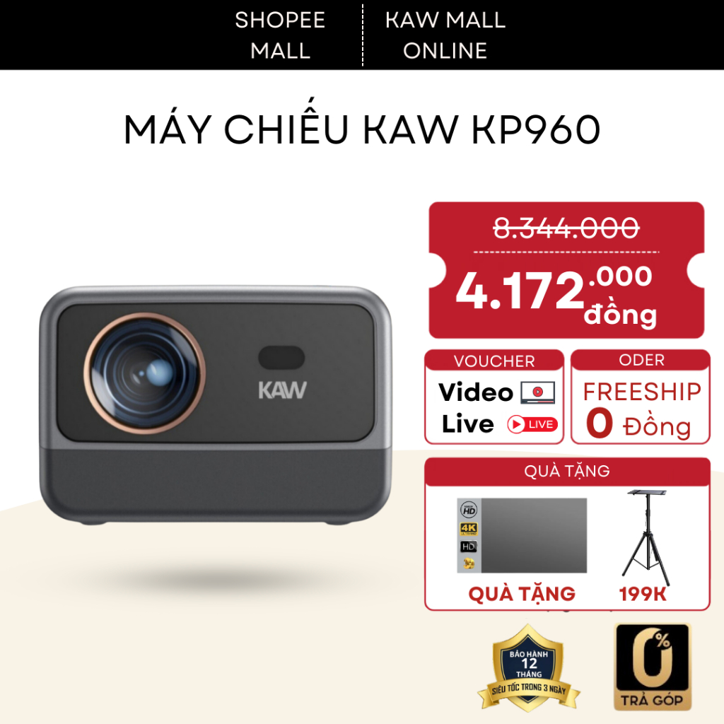 Máy chiếu mini 4K KAW KP960, siêu sáng hỗ trợ app android, chất lượng full HD, bảo hành 2 năm