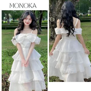 Váy công chúa trễ vai nơ to dáng xòe nhiều tầng  Đầm trắng dự tiệc hở vai tiểu thư dài qua gối bánh bèo T397G MONOKA