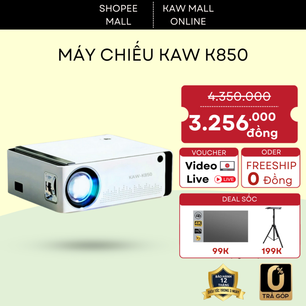 Máy chiếu mini 4K KAW K850, máy chiếu Android hỗ trợ 4K, chất lượng full HD, bảo hành 2 năm