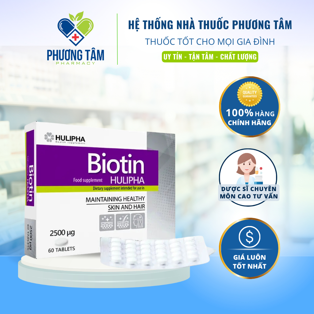 Viên Uống Biotin Hulipha Khỏe Tóc Đẹp Da, Giảm Lão Hóa, nhập khẩu chính hãng Ba Lan ( Hộp 60 viên )