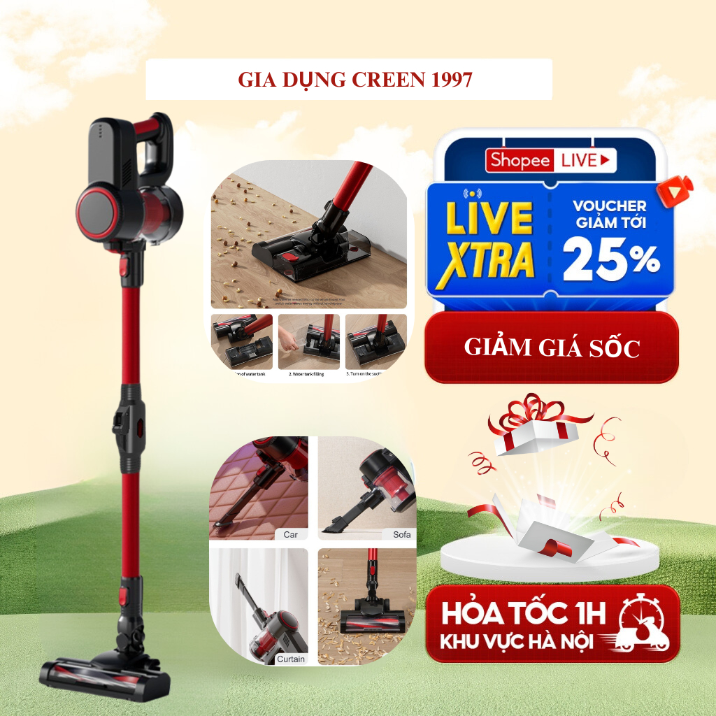 Máy hút bụi-Lau nhà cầm tay không dây CREEN, thiết kế nhỏ gọn, dễ di chuyển, pin dung lượng cao, lực hút mạnh-  BAOHANH
