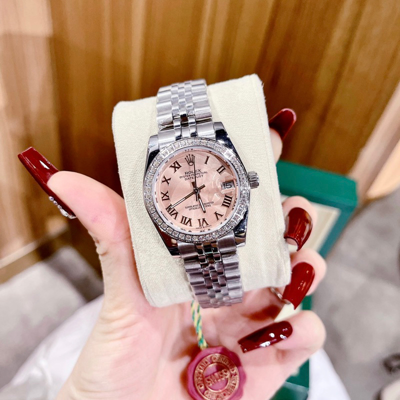 Đồng hồ nữ Rolexx Cao Cấp Size 31mm màu Silver mặt Hồng xinh xắn số La mã  Máy Quart (pin) Nhật