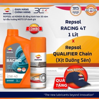 Combo Dầu Nhớt Xe Máy Repsol Racing 10w40 1L + Xịt Dưỡng Sên Repsol 400ml