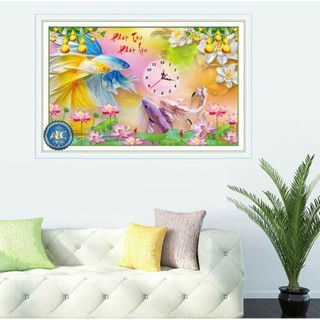 Tranh Đính Đá đồng hồ cá phát tài phát lộc KT:75x50cm. Tranh gắn đá tự đính