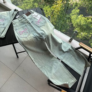 Quần Jean THE QUAO  Nữ Lưng Cao Ống Rộng Thêu Túi Nơ Màu Bụi R2105_449