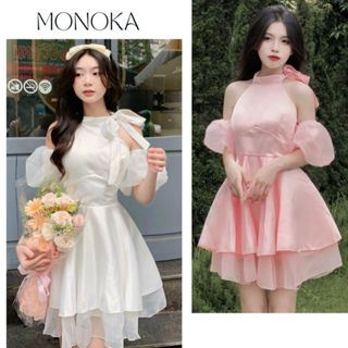 Váy nữ cổ yếm tiểu thư màu trắng Đầm hở vai tay phồng bánh bèo điệu đà ăn cưới dự tiệc đi chơi cute T59G MONOKA SHOP