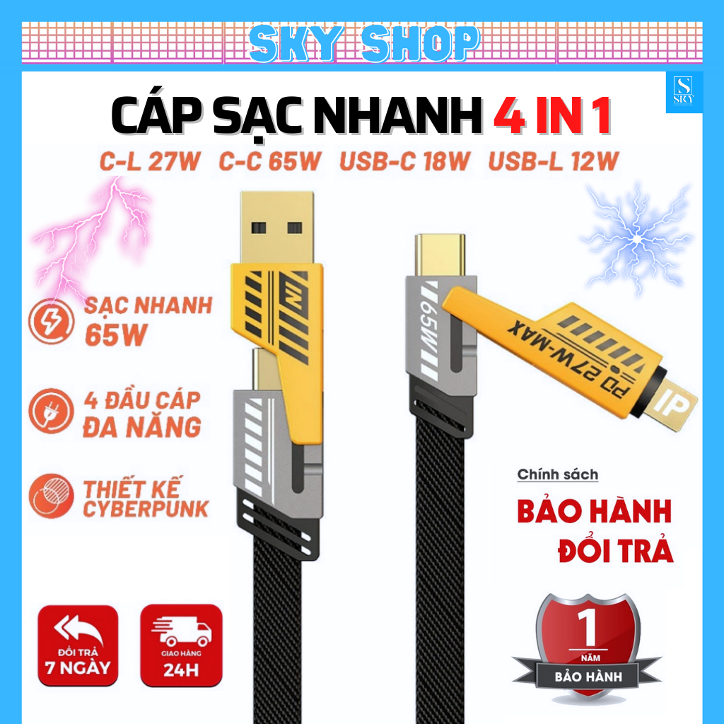 Cáp sạc nhanh đa năng 4 trong 1 hỗ trợ truyền dữ liệu và sạc nhanh 20W và điện thoại android Type-C 65W [SKY]