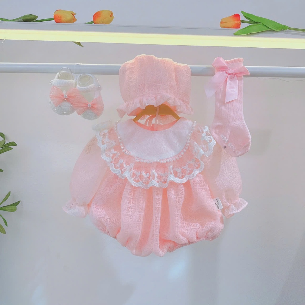   HÀNG CAO CẤP 2 LỚP MAY LỘN  Set Body ren nhật hồng DÀI TAY Made BY Hằng cho bé gái  từ 3-11kg 