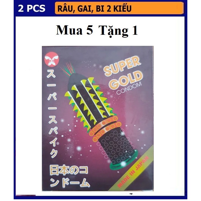 [Mua 5 Tặng 1] Bao Cao Su Gai Super Gold, BCS Kéo Dài Thời Gian, Tặng Khoái Cảm Mạnh Mẽ, Hộp 2 Cái