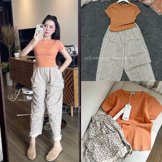  FH2- sét đồ bộ nữ áo thun tăm form ôm màu trơn quần đũi hoa form baggy 