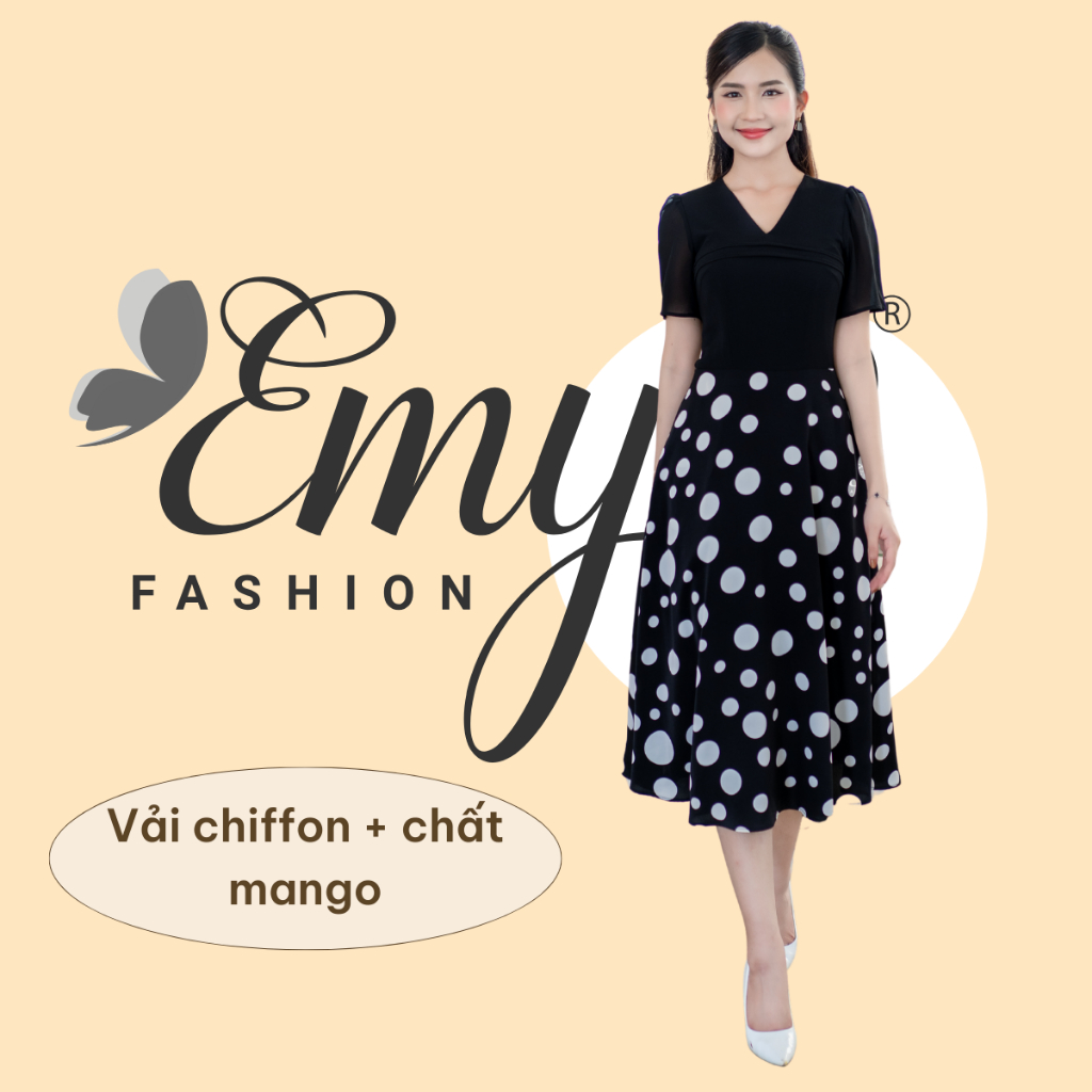Đầm Trung Niên EMY Cao Cấp Sang Trọng EM7527 Dáng Xoè, Thiết Kế Công Sở Chấm Bi Trắng Cổ Chữ V Có Túi