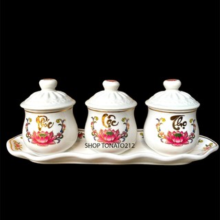  CHUNG NẮP BỘ 3 ĐÀI NƯỚC BỘ 3 LY  HOA SEN PHÚC LỘC THỌ THỜ CÚNG VẬT PHẨM PHONG THỦY PHẬT GIÁO 
