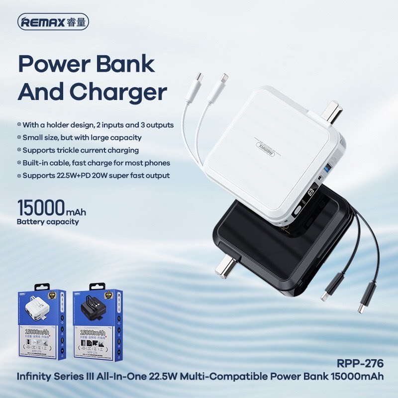 Remax Rpp 276 Sạc dự phòng 15000mAh có đèn led.Sạc dự phòng đa năng 22.5W,tích hợp cáp sạc,tích hợp 