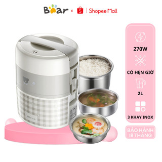Hộp cơm cắm điện 3 tầng 2l đa năng bear dfh-a20d1, 270w, nấu chín/ hâm nóng, có hẹn giờ, bh 18 tháng