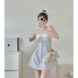 LUMOS DRESS | Đầm ống sọc xanh phối trắng nơ lưng
