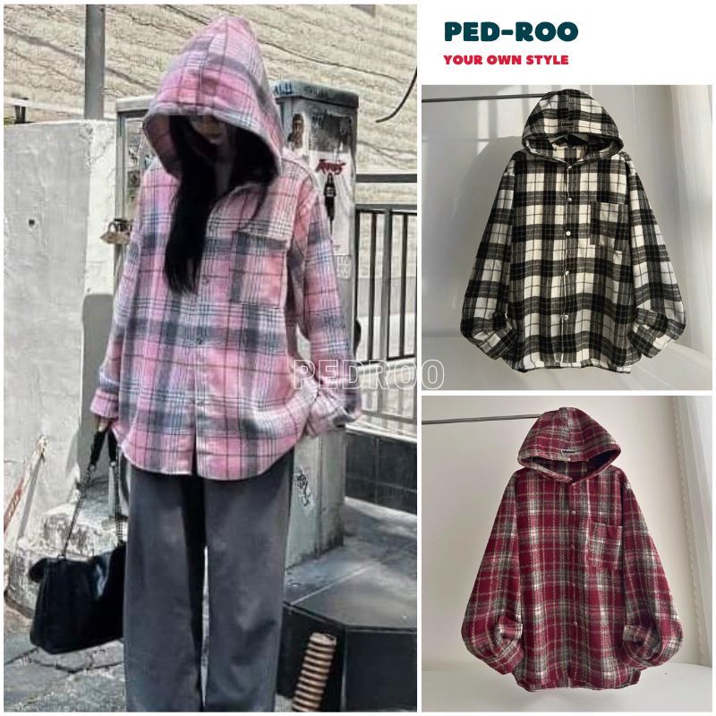 Áo Sơ Mi Dài Tay Flannel Họa Tiết Kẻ Caro Có Mũ Form Nam Nữ Unisex