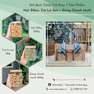 Set quà Túi Đay 3 Sản Phẩm Hạt điều+ Trà lá sen+ Gừng chanh muối