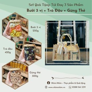 Set quà Túi Đay 3 Sản Phẩm Bưởi 3 vị+ Trà đậu+ Gừng thẻ
