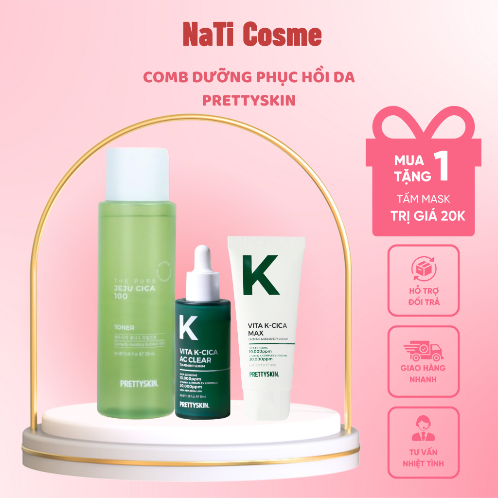 Combo Dưỡng Phục Prettyskin Gồm Toner Rau Má - Serum Vitamin K - Kem Dưỡng Vitamin K
