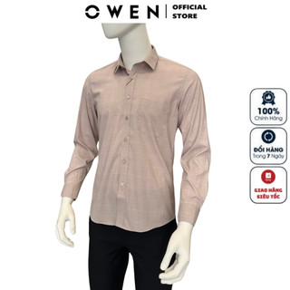 Áo sơ mi nam dài tay OWEN AR240540DT somi công sở cao cấp màu be tím kẻ caro vải sợi tre dáng suông tà lượn có túi