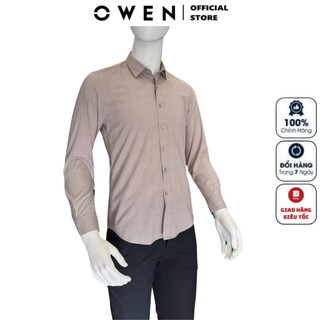 Áo sơ mi nam dài tay OWEN AS240538D somi công sở cao cấp màu be kẻ caro vải sợi tre dáng ôm tà lượn không túi