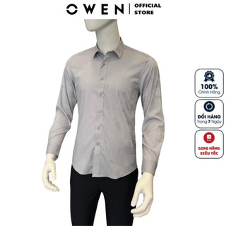 Áo sơ mi nam dài tay OWEN AS240520D somi công sở cao cấp màu xám nhạt in vải sợi tre dáng ôm tà lượn không túi