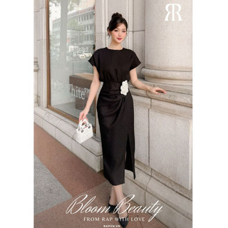 Rập - đầm cổ tròn tay lỡ cài hoa eo nhún thân xẻ - xmas 03