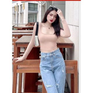 Áo croptop thun cotton tay dài cổ vuông nhiều màu TiQi Jeans A101