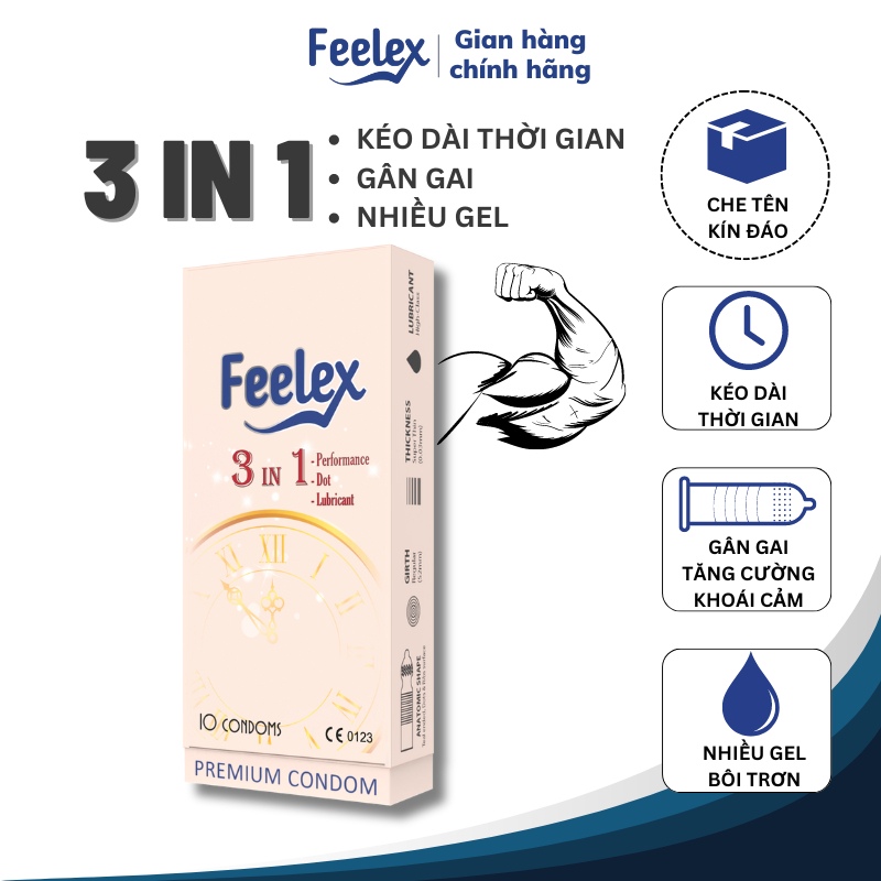 Bao cao su Feelex gân gai, nhiều gel, nhiều mùi hương - Hộp 10 bcs