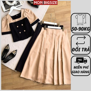 Set đồ bộ bigsize nữ dự tiệc đi chơi sang chảnh kiểu áo cổ vuông phối màu kem chân váy vải cotton MON big size 50 - 90kg