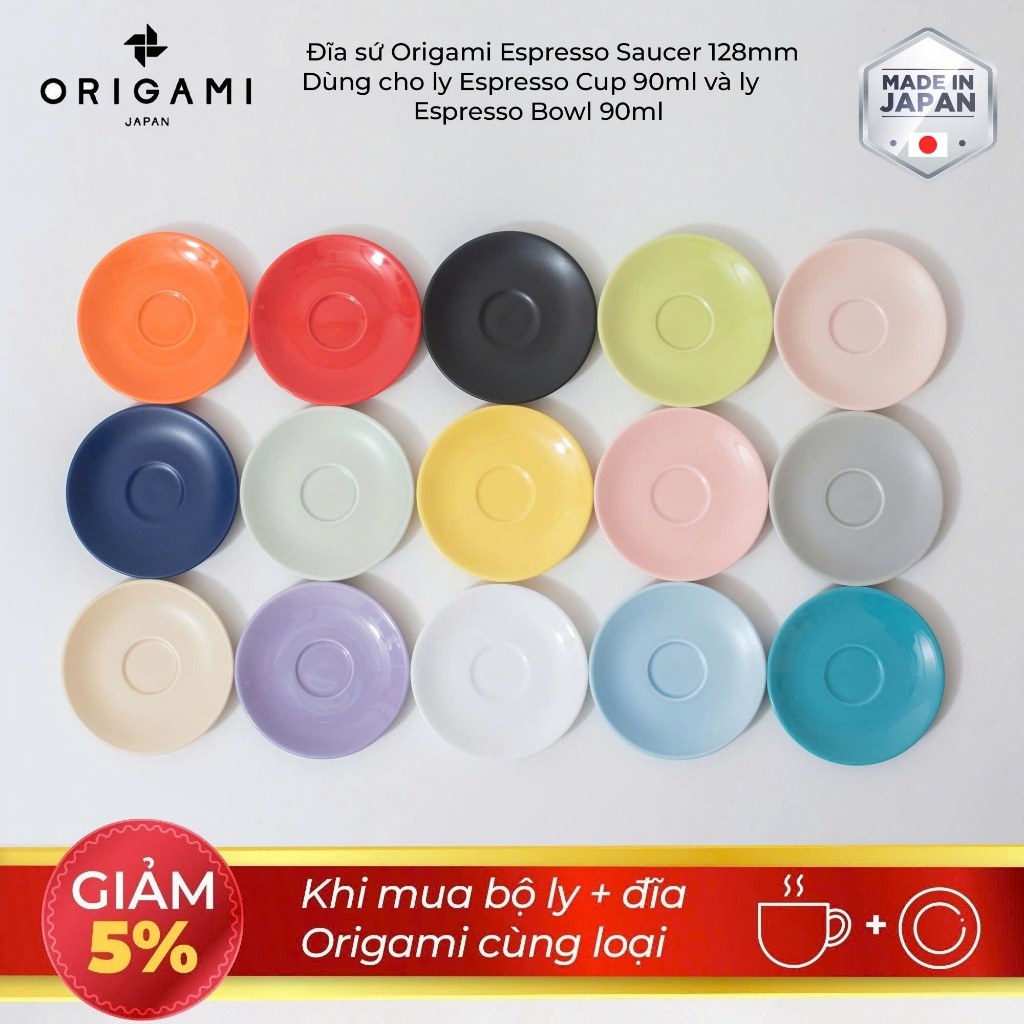 [ORIGAMI JAPAN] Đĩa sứ Origami Espresso Saucer 128mm 3oz sứ Mino 15 màu lót ly Nhật Bản