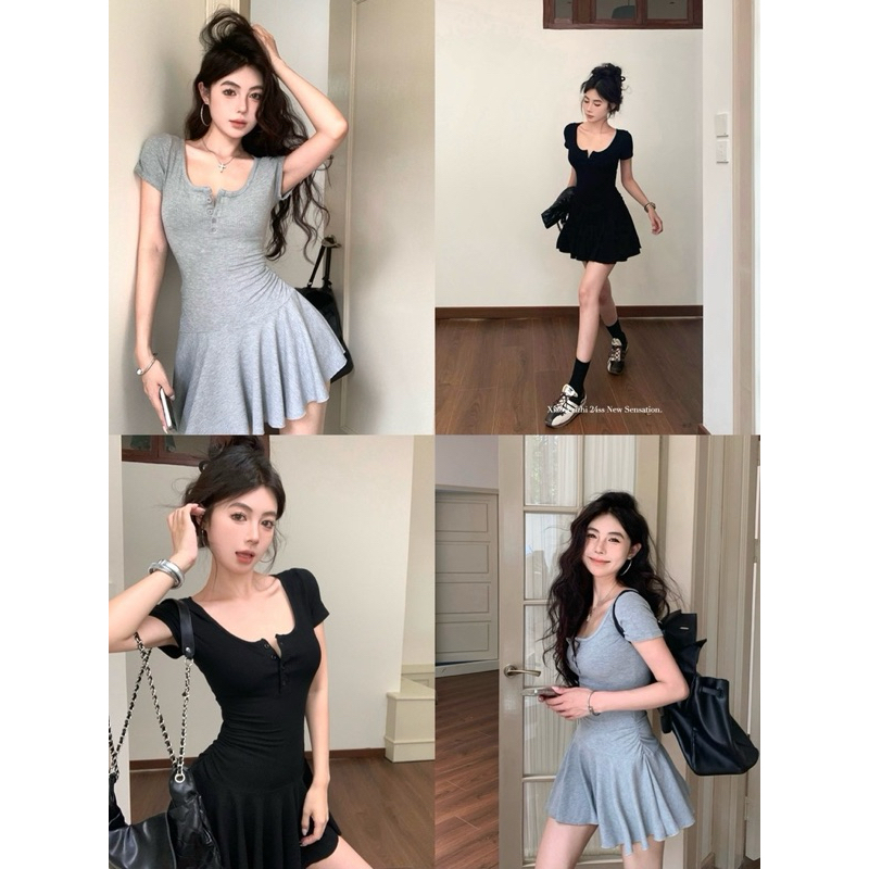 Đầm body cài nút ngực phối tùng nhún TABISHOP Váy nữ ôm eo cổ sâu tôn dáng mặc đi tiệc đi chơi dễ thương(27) | BigBuy360 - bigbuy360.vn